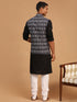 Vastramay Men's Black Ikaat Printede Cotton Nehru Jacket With Black Kurta And White Pyjama Set